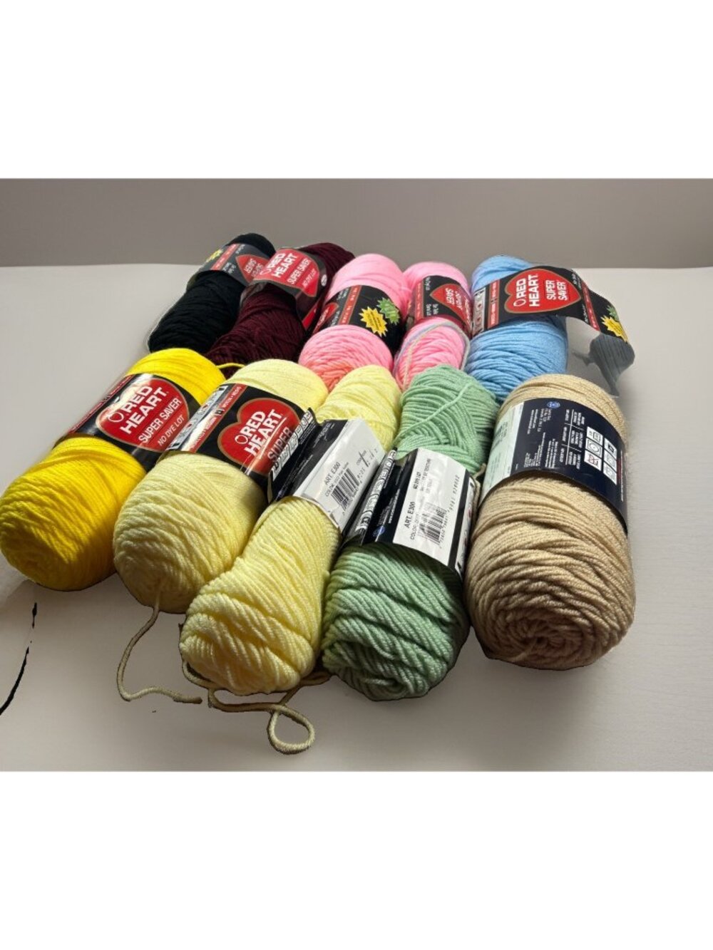 10 Skeins Large Yarn Red Heart Super Saver W/ Labels Mixed Lot Pink Yellow Blue